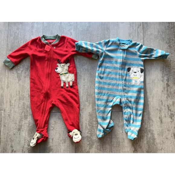 Set of 2 Baby Boys Zip Sleeper Pajamas Pjs Fleece One Piece Outfit Coverall 6m - Picture 1 of 6